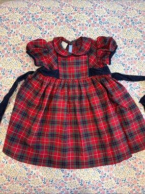 Red Plaid Girls' Formal Dress with Navy Sash